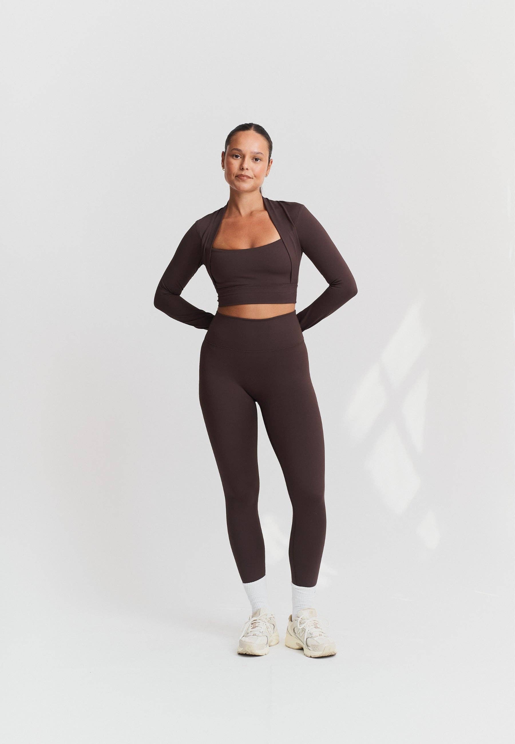 Sisterly Tribe - Wholesale Athletic Top - Women's - Softsculpt Bolero Long Sleeve Top - Espresso3