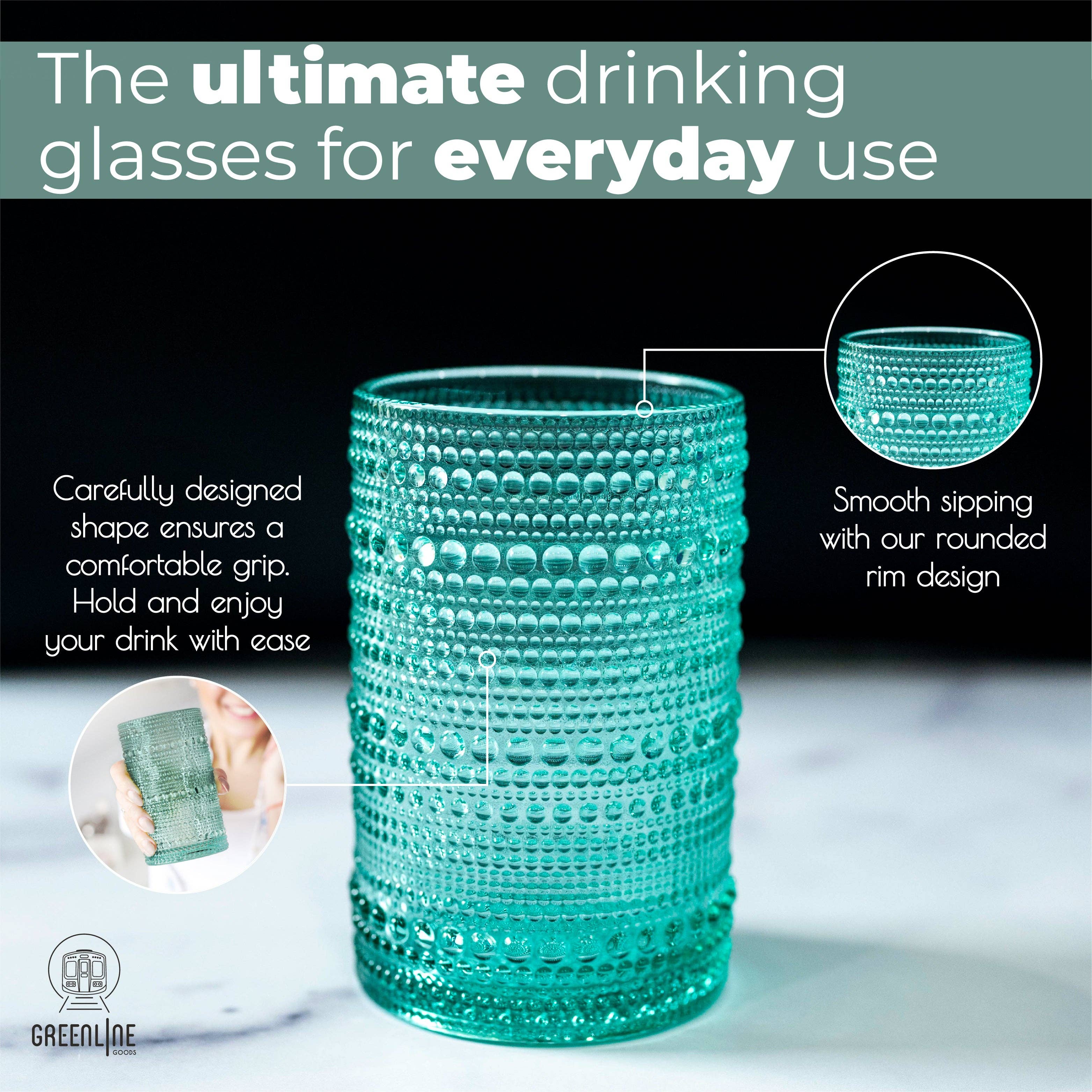 Greenline Goods - Wholesale Drinking Glass/Cup - Hobnail Drinking Glasses - Green 14 oz ( Set of 4 )4