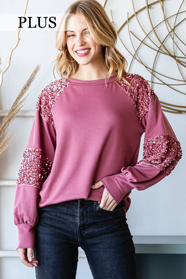 7th Ray - Wholesale Sweatshirt - Women's - [PLUS SIZE] Brushed Sequin Contrast Pullover Top T5341XL9