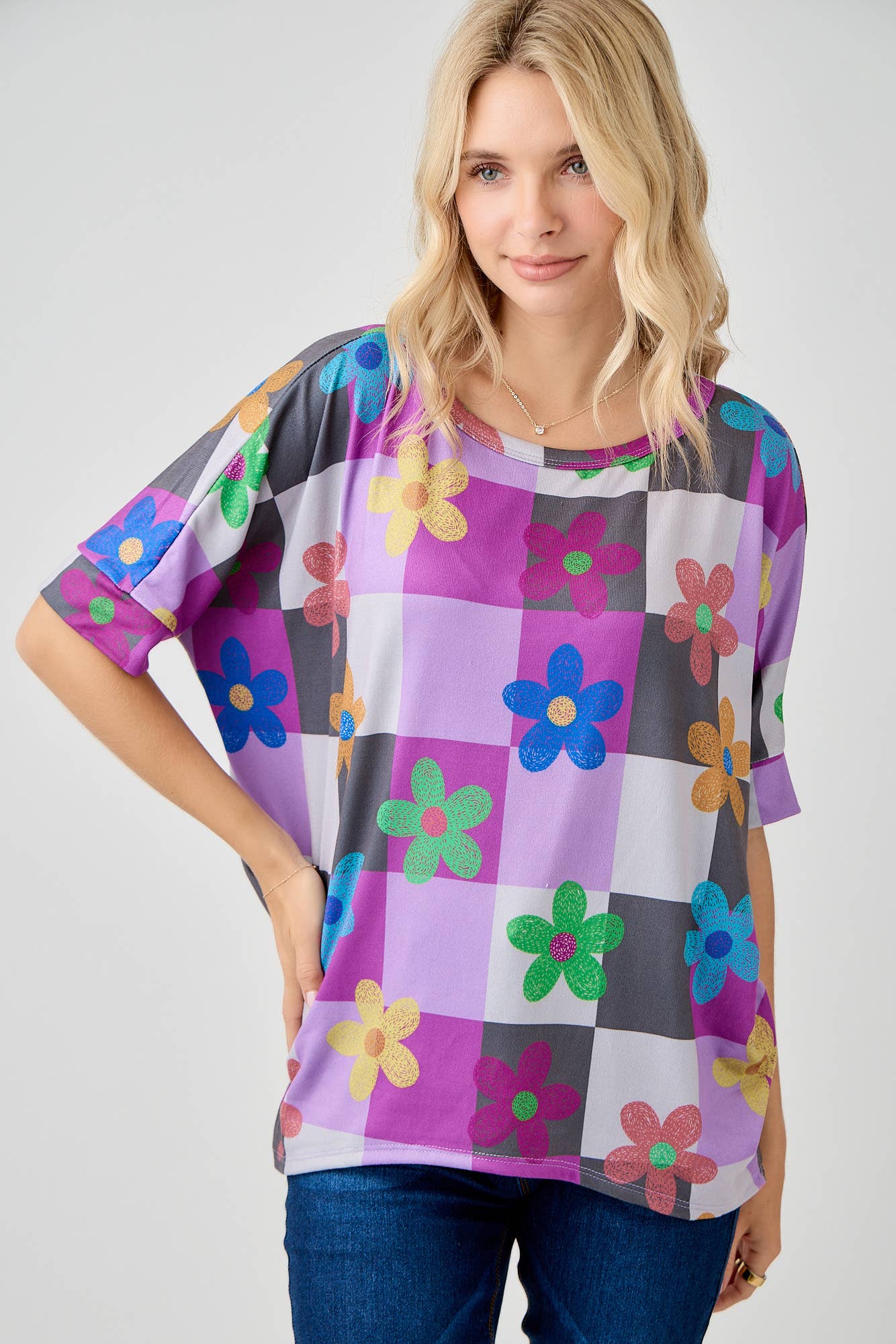 Celeste Clothing - Wholesale Tunic - Women's - WOMEN'S PLUS SIZE CHECKERED FLORAL TOP WITH HIGH-LOW HEM  
22