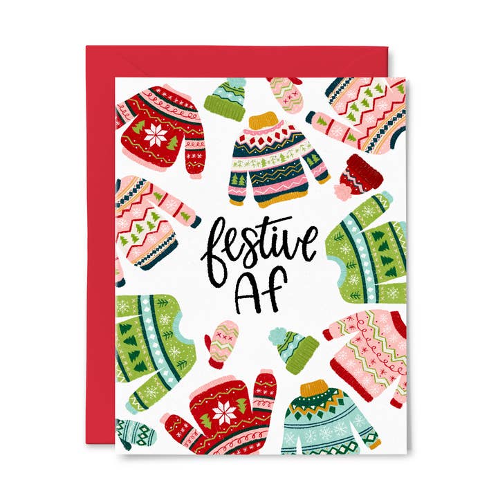 Festive AF | Funny Ugly Christmas Sweater Greeting Card for wholesale by Paper Bunny Press