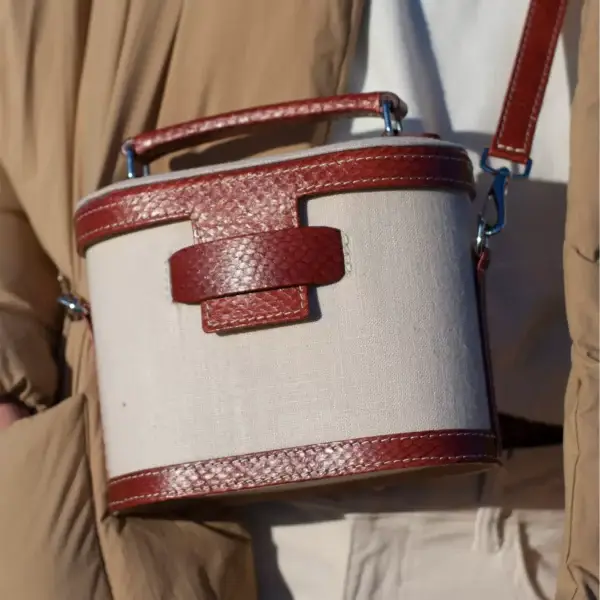 Red Salmon Leather And Linen Vanity Bag for wholesale on Faire5