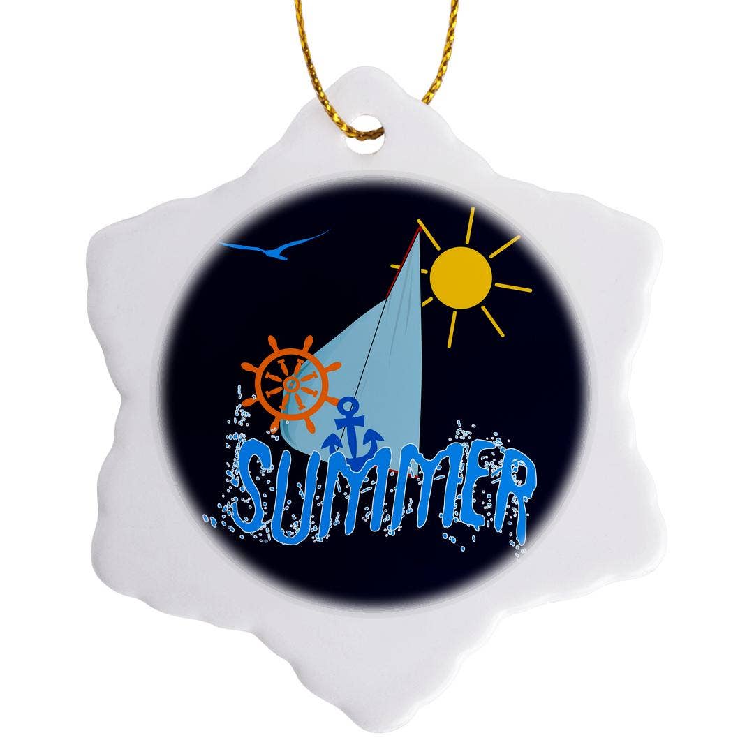 3dRose - Wholesale Ornament - 3dRose, Sea, sailing theme illustration, text Summer, blue background, Ornament0