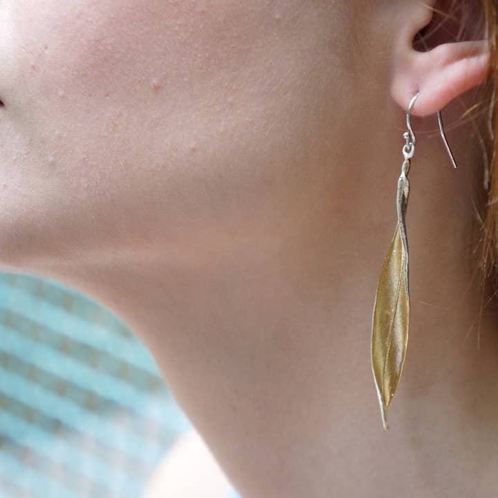 Olive Leaf Long Dangle Earrings in Sterling Silver for wholesale by Mother Nature Jewelry