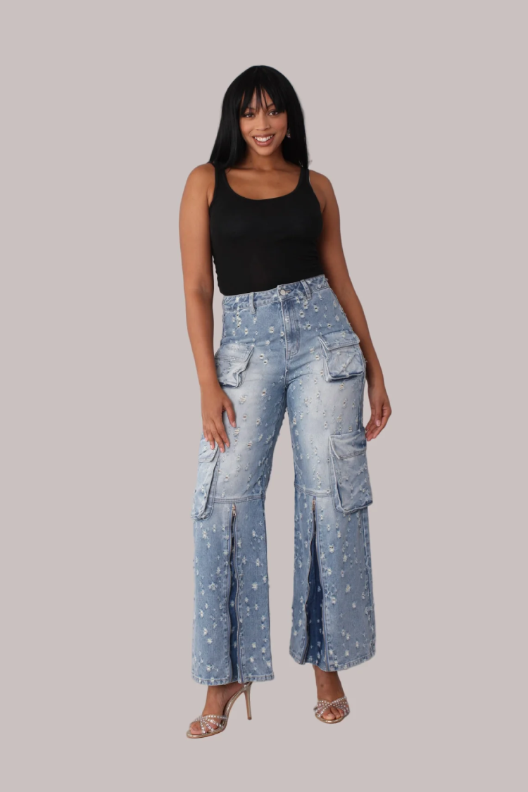 Distressed Denim Cargo Jeans -82385 for wholesale on Faire1