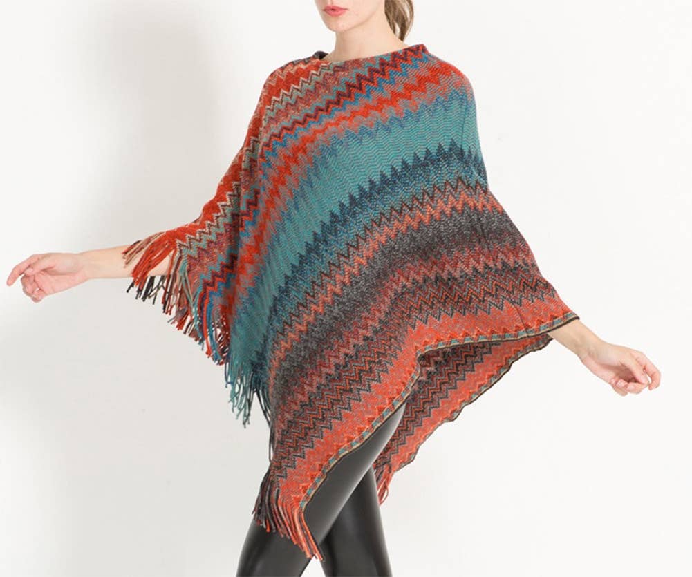 Fennco Styles – Poncho - Mulher por atacado – Camisola Poncho Zig-Zag Tricotada Pullover13