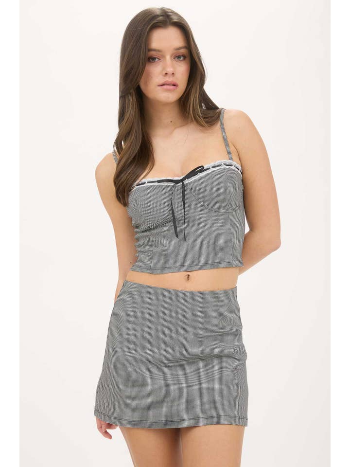 The Workshop Studio – wholesale Blouse – Women’s – PLAID LACE TRIM FRONT TIE SPAGHETTI STRAP CROP TOP