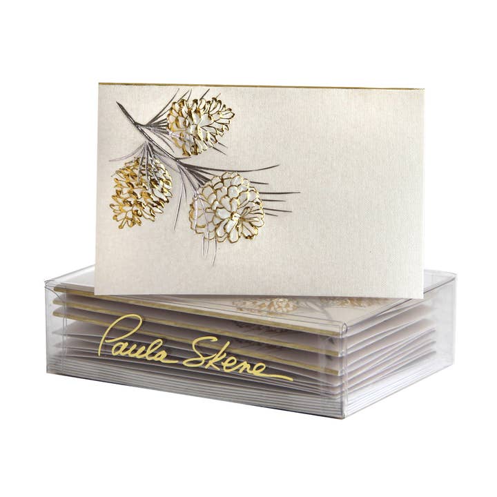 Pine Cone Branch Gold on Silver Christmas Enclosure Card for wholesale by PAULA SKENE DESIGNS