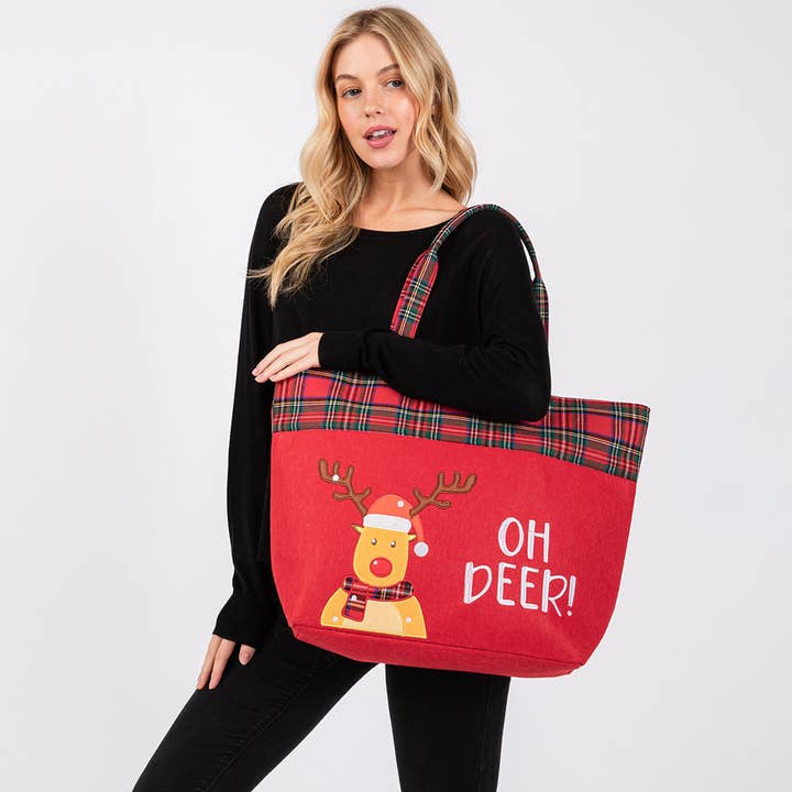 Oh Deer Letter Reindeer Christmas Tote Bag for wholesale by Sensibling Corp.