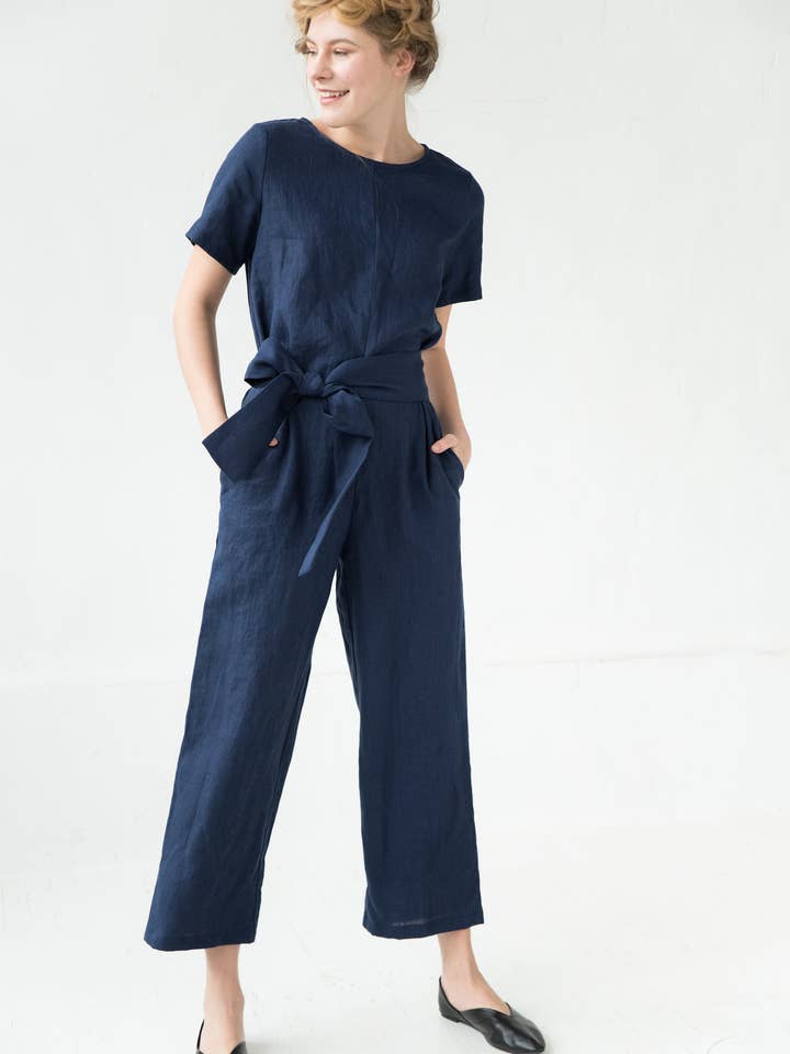 Mono de lino para mujer, mono azul, ropa de lino, lino para venta al por mayor de LeMuse