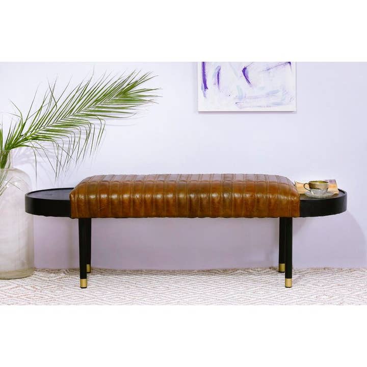 Warm Brown Leather and Solid Wood Bench for wholesale by HomeRoots