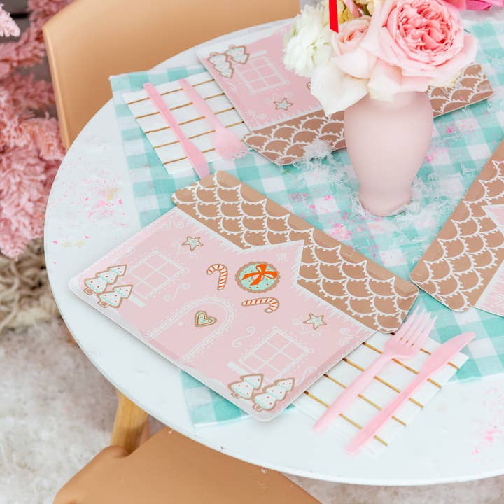 Jollity & Co. + Daydream Society - Wholesale Disposable Plate - Baking Spirits Bright Pink Gingerbread House Large Plates2