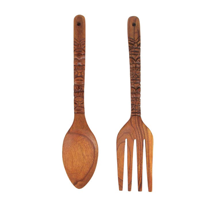 Triple Tiki Carved Spoon & Fork Set - 16" for wholesale by Zeckos