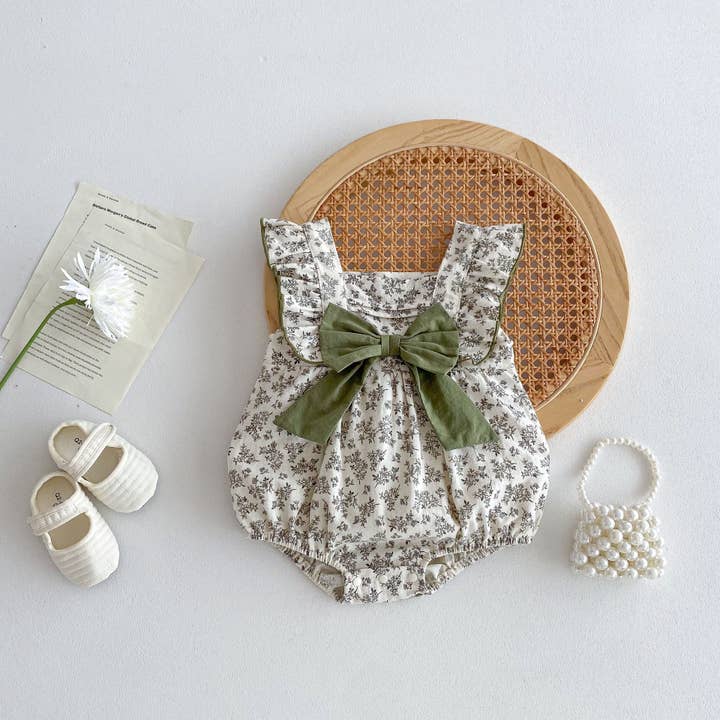 Beige Summer Hot Selling Baby Girls Sleeveless Square Neck Floral Print Onesie for wholesale on Faire