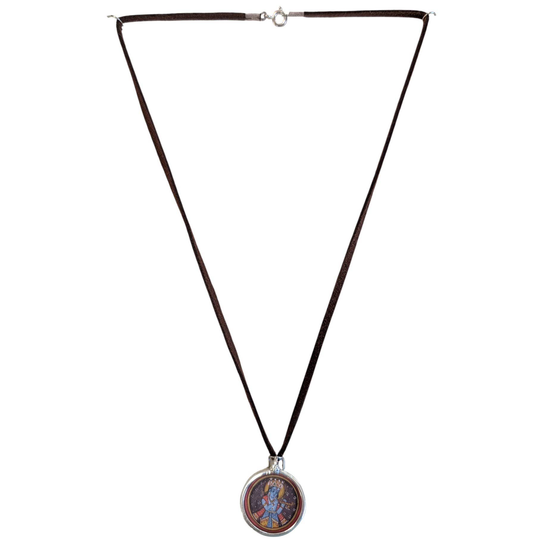 Saraswati Imports - Wholesale Pendant/Charm Necklace - SALE Hand Painted Krishna Sterling & Suede Pendant Necklace1