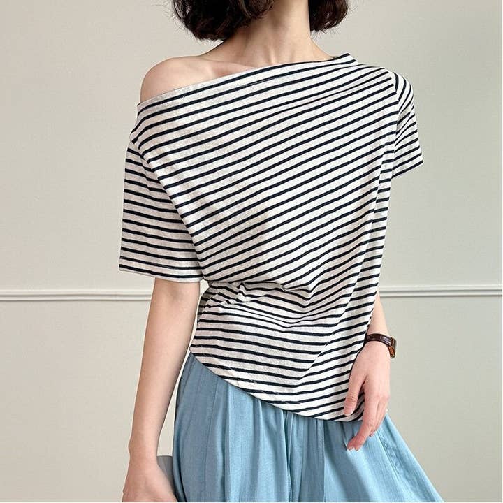 Off Shoulder Striped T Shirt for wholesale by Plush Looks
