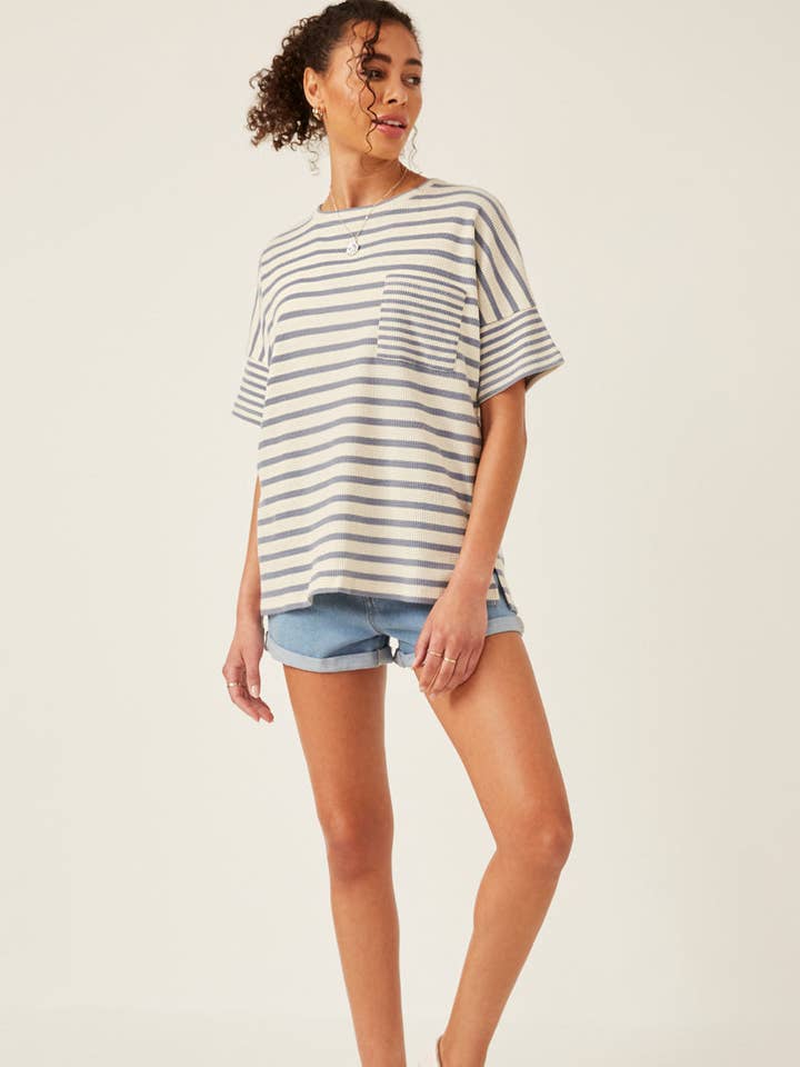 Womens Waffle Textured Mixed Stripe Oversize Knit Tee for wholesale by Hayden LA