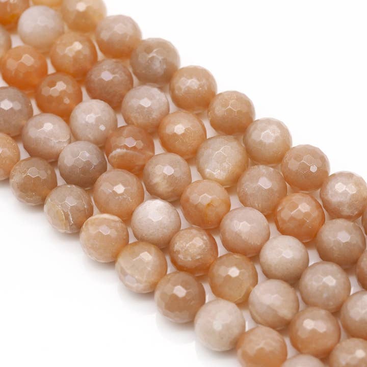 Perline sfaccettate rotonde in vera pietra di luna pesca, SKU #U1398 per la vendita all'ingrosso da parte di BestBeads&Beyond