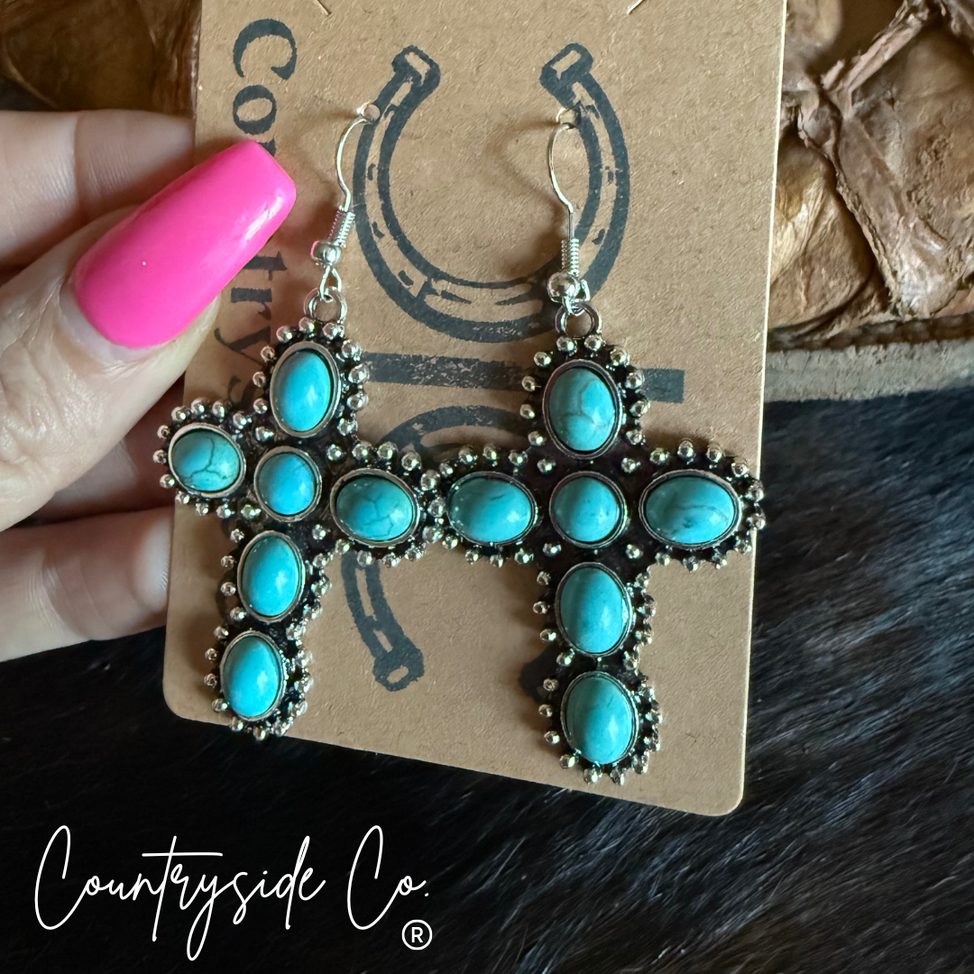 Texas Western Cowhide Bags and More - Wholesale Stud/Post Earrings - Cross Turquoise Dangle Earring1