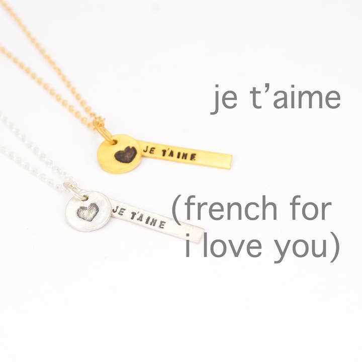 Je t'aime - French for I Love You, Quote necklace for wholesale by Chocolate and Steel