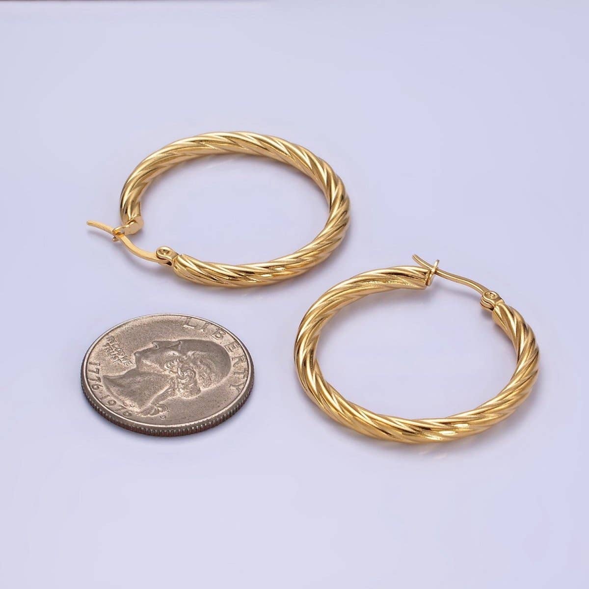 Aim Eternal - Wholesale Hoop Earrings - Stainless Steel 35mm Twisted Line-Textured Latch Hoop Earrings | AE4063