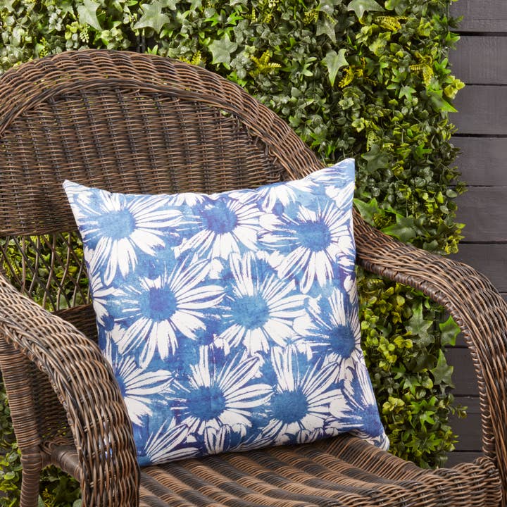 Blue Fresh Floral Outdoor Poly Filled Throw Pillow for wholesale on Faire