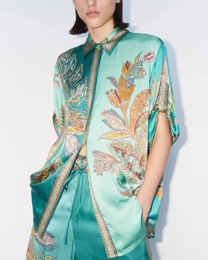 Cyan Satin Unique Retro Flower Print Shirt And Pants Set for wholesale on Faire2