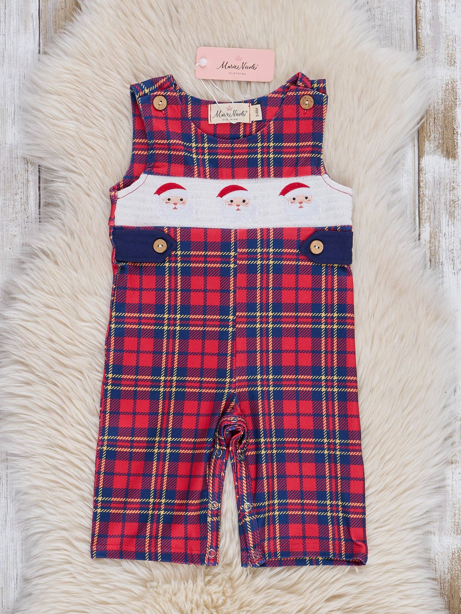 Marie Nicole Clothing - Wholesale Jumpsuit - Baby - Holiday Plaid Smocked Santa Overall Romper0