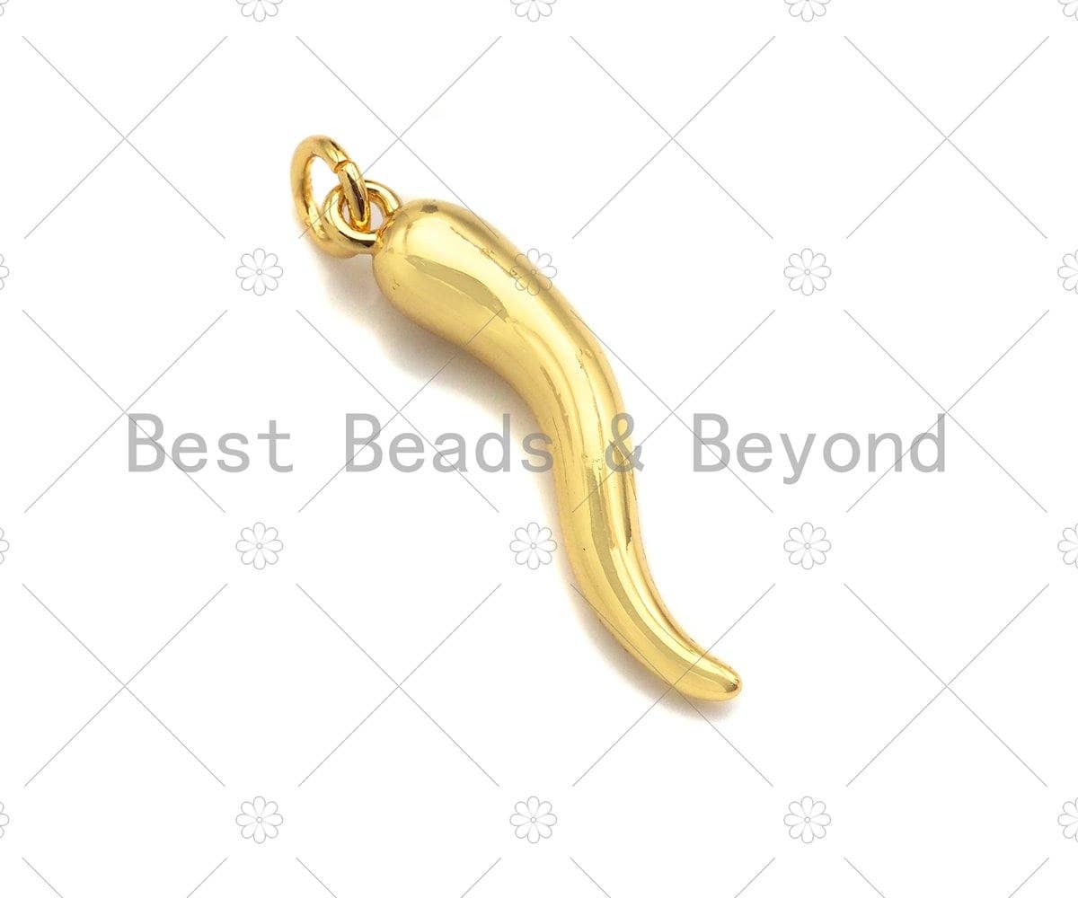 BestBeads&Beyond – Pendente/pingente individual por atacado – Pingentes Charme Chifre Italiano Brilhante 18k em Ouro/Silver, Proteção, Formato Pimenta, para Pulseira e Colar, 5x26 mm, sku#L4572