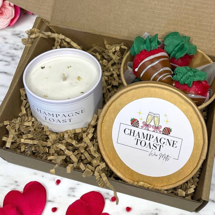 Valentines Day Champagne Toast Gift Set Candle + Wax Melts for wholesale by LostLove Art Co.
