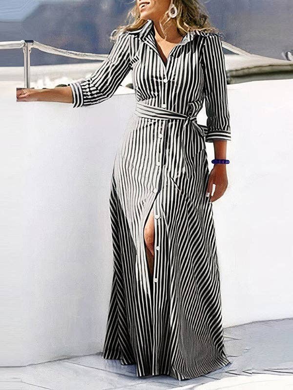 VividLux - Wholesale Dress - Women's - High Waisted Long Sleeves Buttoned Striped Tied Waist V-Neck Maxi Dresses Shirt Dress3