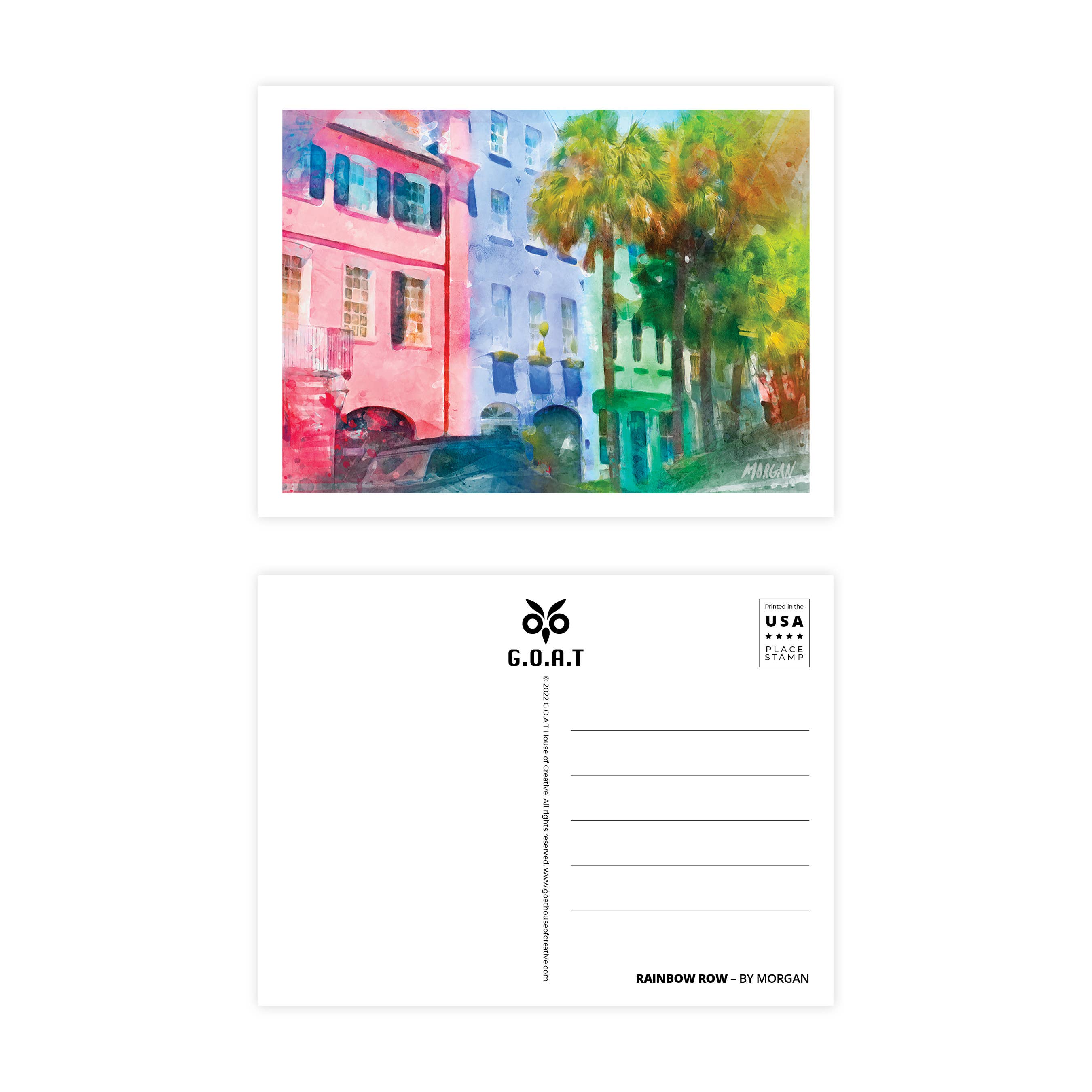 G.O.A.T House of Creative – wholesale Postcard – Postcards, Charleston SC, Rainbow Row1