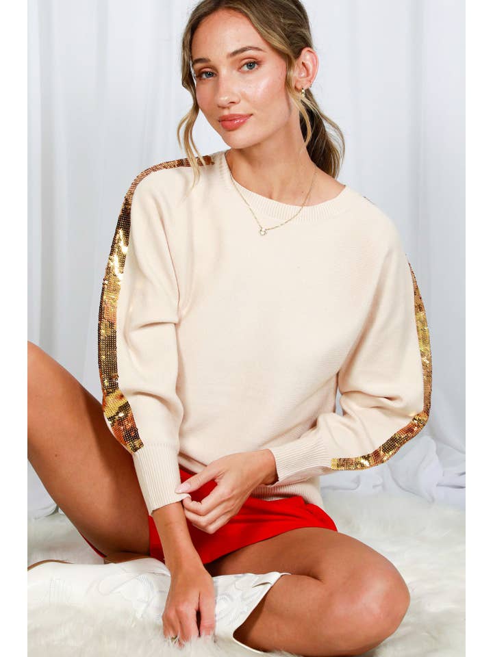 Vine & Love - Wholesale Knit Sweater - Women's - Sequin Detail Crew Neck Dolman Knitted Sweater VT8201322