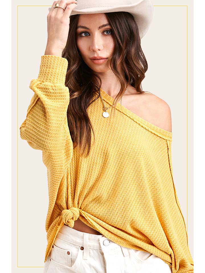 La Miel - Wholesale Knit Top - Women's - HAT7565-Brushed Waffle Fabric Loose Fit Long Sleeve Top11