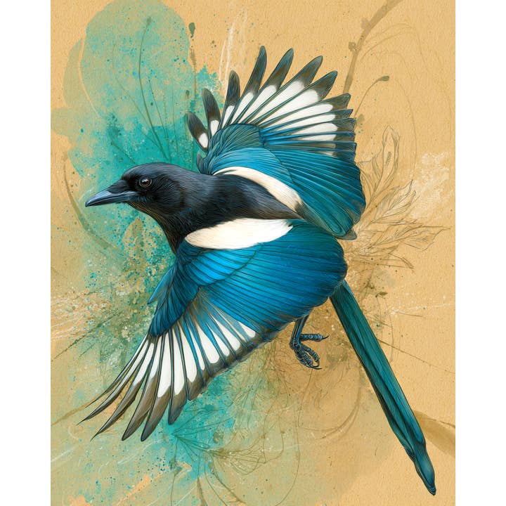 Mowbi - Wholesale Kunstprint - Vliegende Ekster Wildlife Kunstprint - 20x25 cm Kunstwerk voor 28x36 cm Lijst