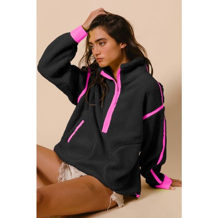 IVE - Wholesale Jacket – Women's - Contrast Edge Half Zip Up Sherpa Jacket7