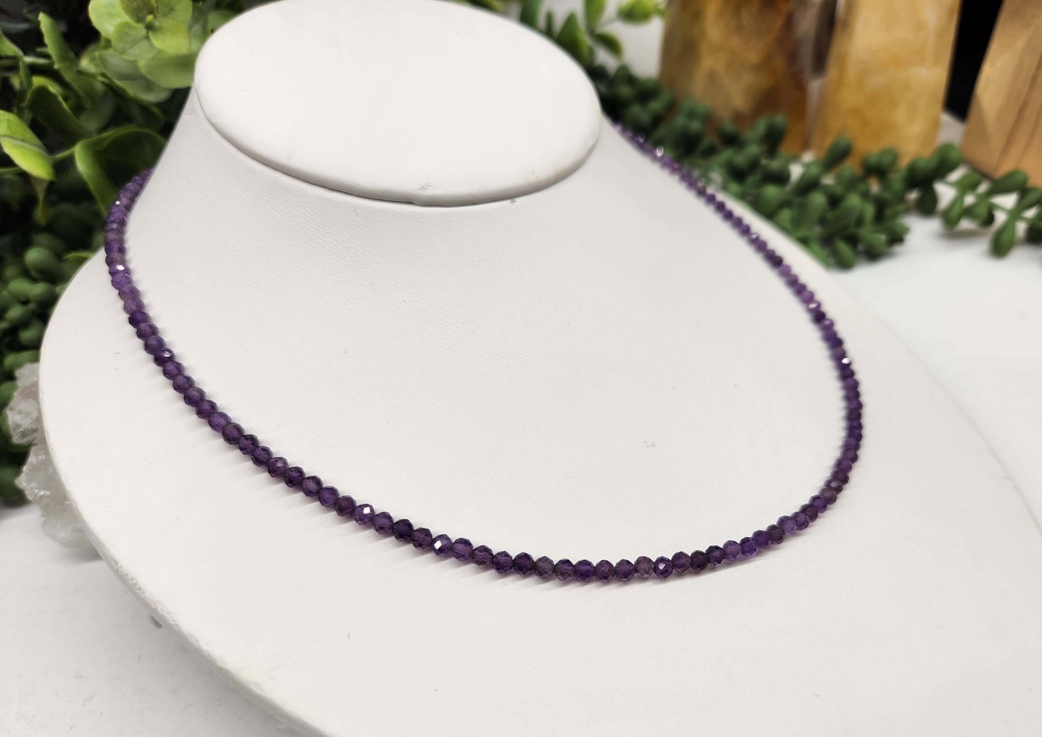 Meraki Gemstones - Wholesale Beaded/Pearl Necklace - Amethyst Faceted Necklace w/Silver Color Findings, 3mm1