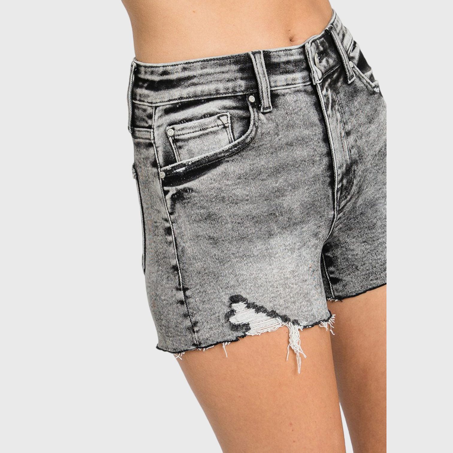 Petra153 – Großhandel Shorts – Damen – P664RH-GA GRAUE ACID-WASH-HOSE MIT HOHEM BUND UND ZERSTÖRTEM SAUM11
