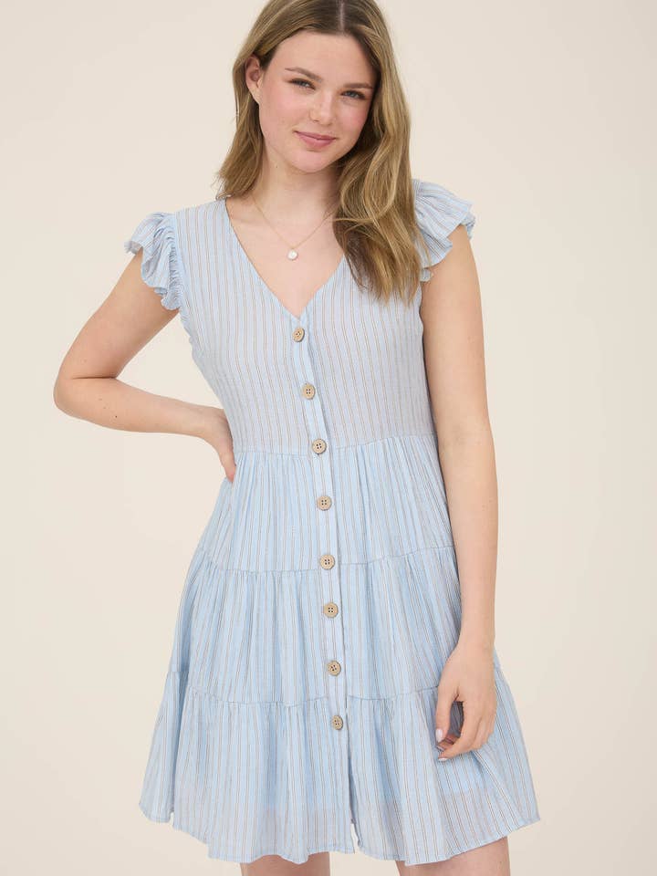 Blu Pepper - Wholesale Dress - Women's - STRIPE V NECK BUTTON DOWN TIERED MINI DRESS