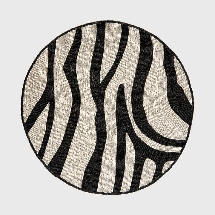 Zebra hand beaded placemat, black for wholesale by Joanna Buchanan