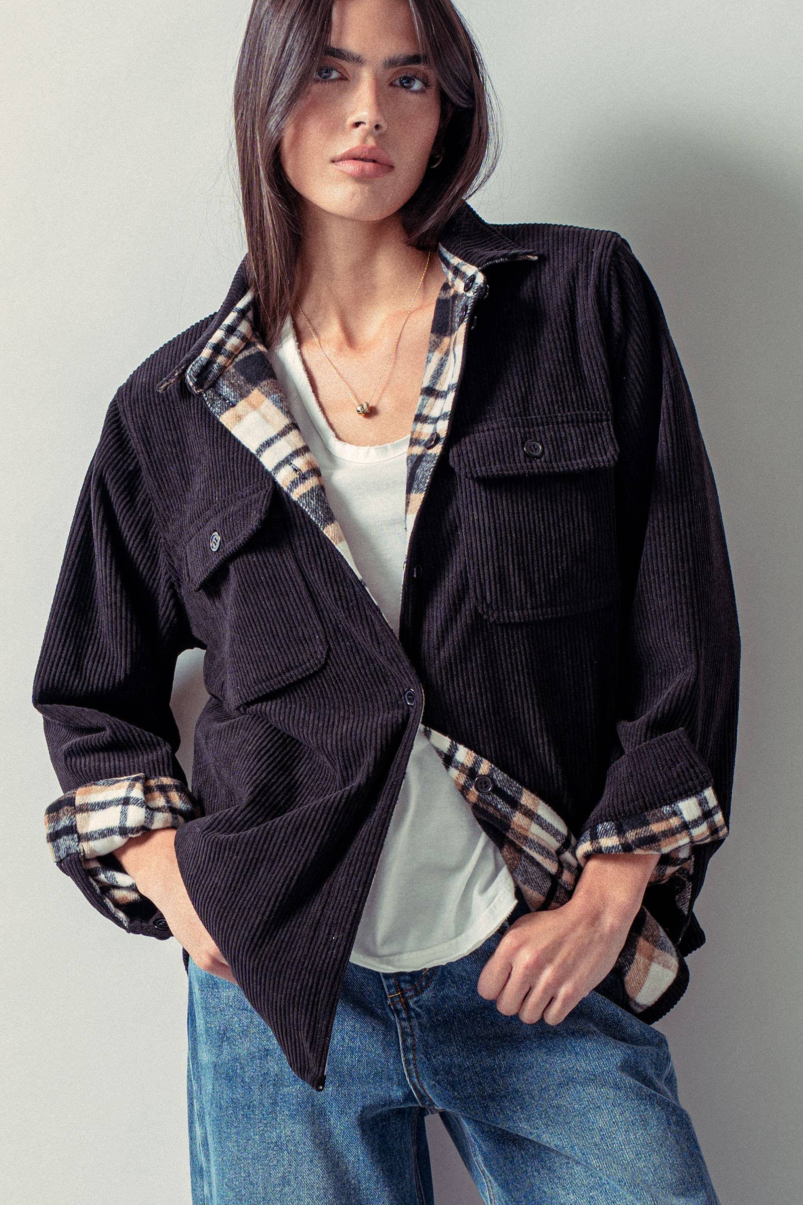 Urban Daizy - Wholesale Shirt Jacket/Shacket - Women's - Plaid Flannel-Lined Corduroy Shacket13