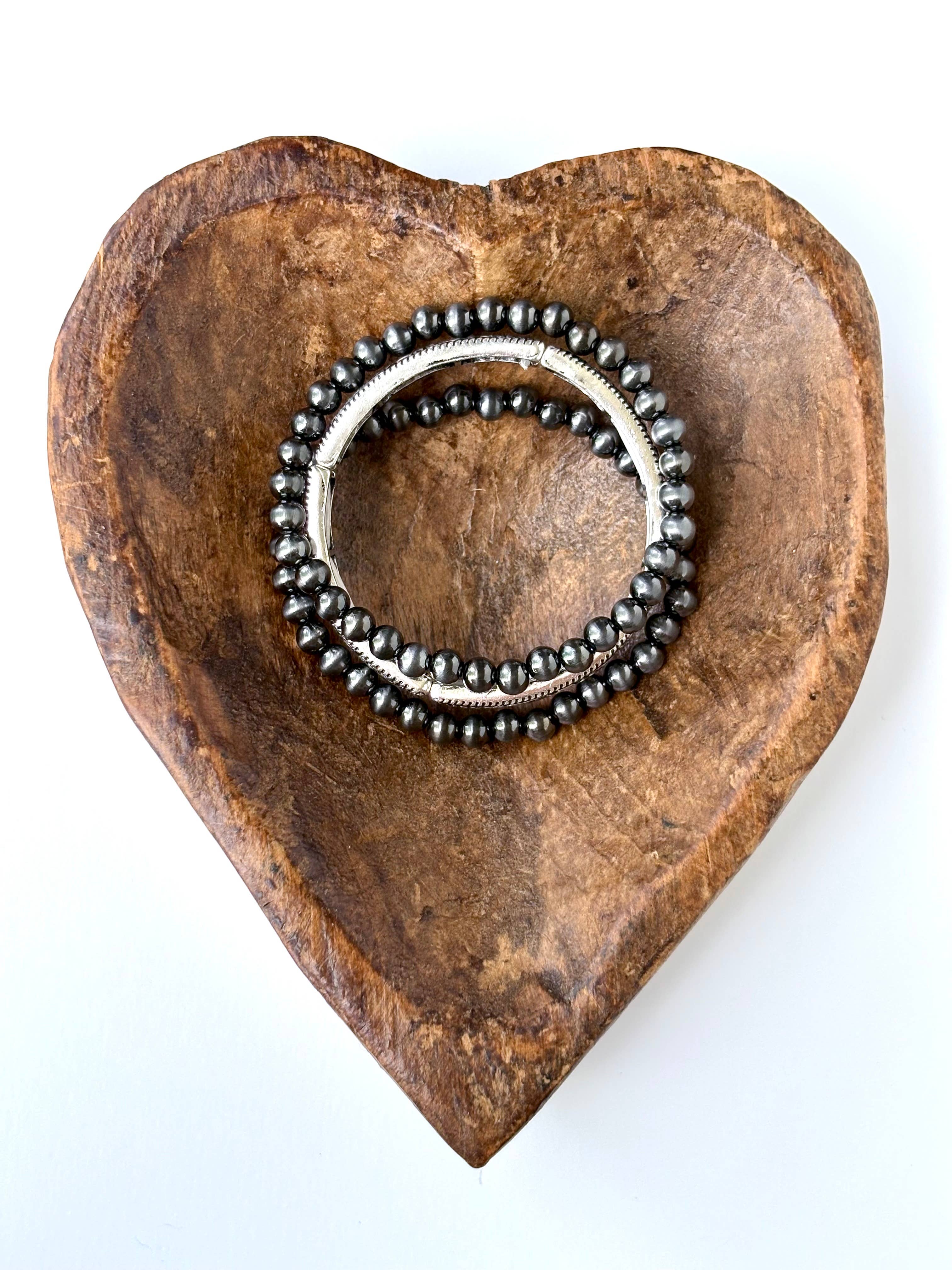 Boho Ranch Shop - Wholesale Bangle Bracelet - 3 Layer Western Stretch Bracelet w/ Navajo Pearl 2