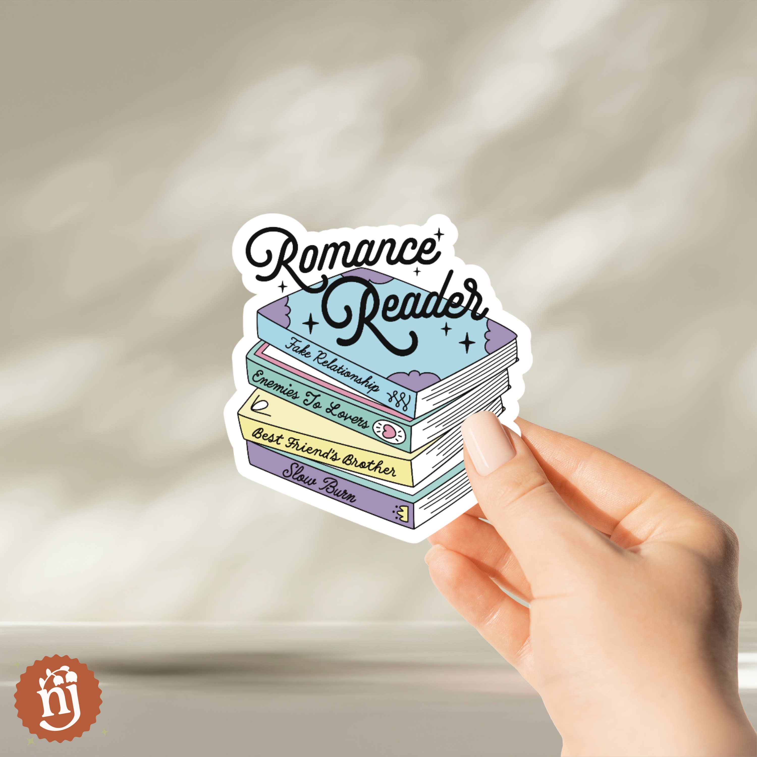 Nearly June Design Co - Wholesale Sticker - Romance Reader Bookstack Sticker