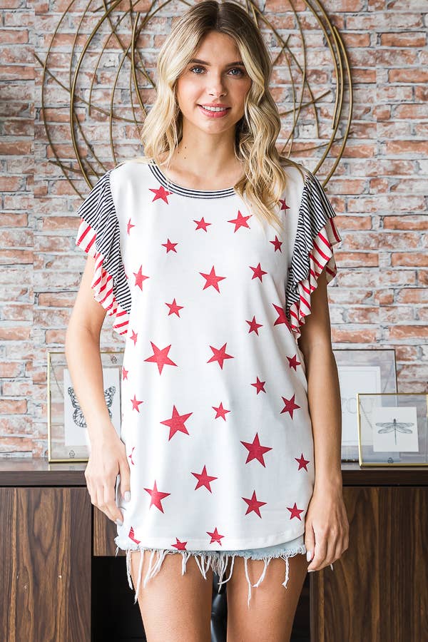 7th Ray - Venta al por mayor Túnica - Mujer - Top de manga corta con doble volante y acento de rayas de estrellas T52323