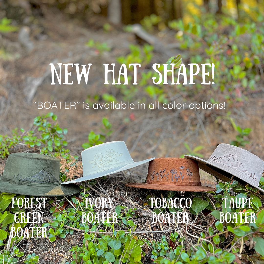Pacific Wren Art & Design - Wholesale Fedora - Women's - Wood-Burned Wide Brim Hat - Mountain Collection1