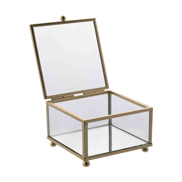 WIDDOP and Co. US - Vente Boîte/rangement à bijoux - Boîte à bijoux en verre Sophia avec couvercle à charnière, base en miroir et bordure dorée1