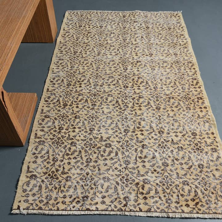 Handmade Beige & Brown Rug, 3.8x6.6 Ft Classic Patchwork for wholesale by Vintage Rugs Loom