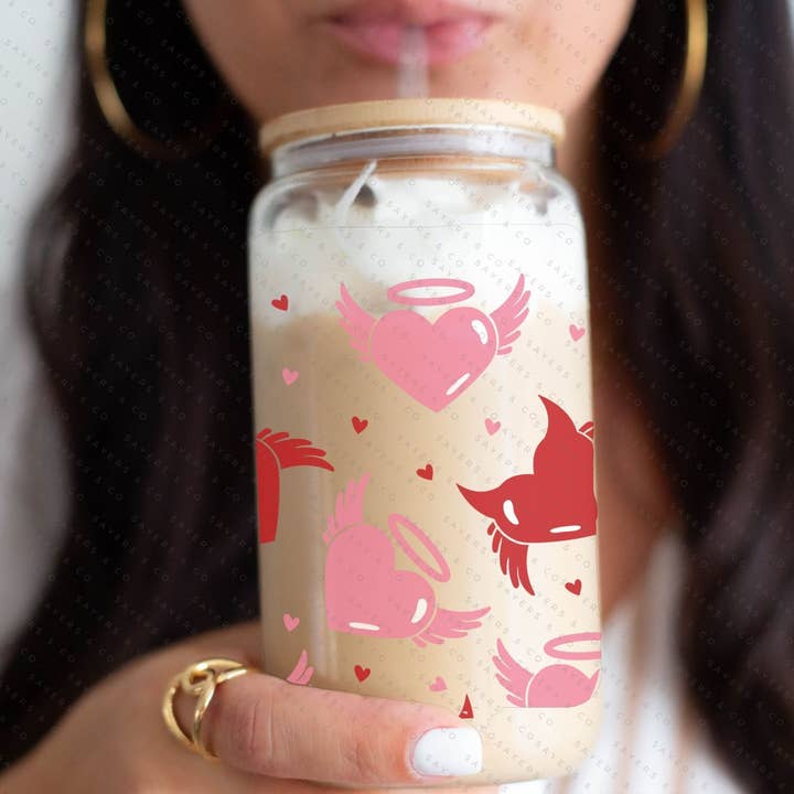 Sayers & Co. - Wholesale Drinking Glass/Cup - 16oz Valentine's Day Angel and Devil Hearts Glass Cup with Bamboo Lid & Straw #1000896