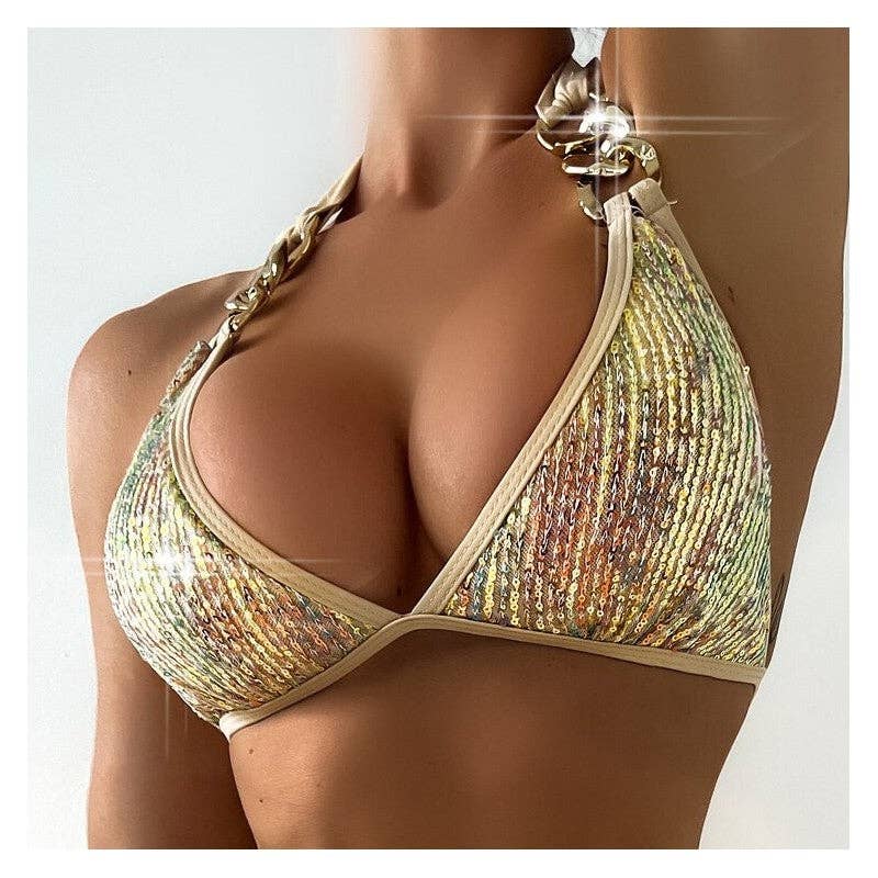 MULTICOLOR Colorful Sequined Lace-Up Bikini Swimsuit for wholesale on Faire1