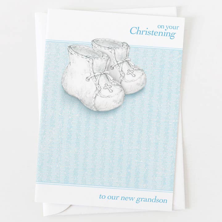Ann Scott Design - Wholesale Baby Card - Grandson Christening Baby Shoes Greeting Card C6_1526